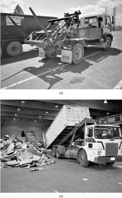 FIGURE Typical examples collection vehicles and containers used hauled container system hoist truck tilt frame unloading drop box and drop boxes used commercial discount store Hauled Container System